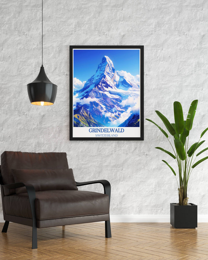 Starry night sky over Eiger Mountain with the silhouette of the Alps, showcased in a Swiss Alps print.