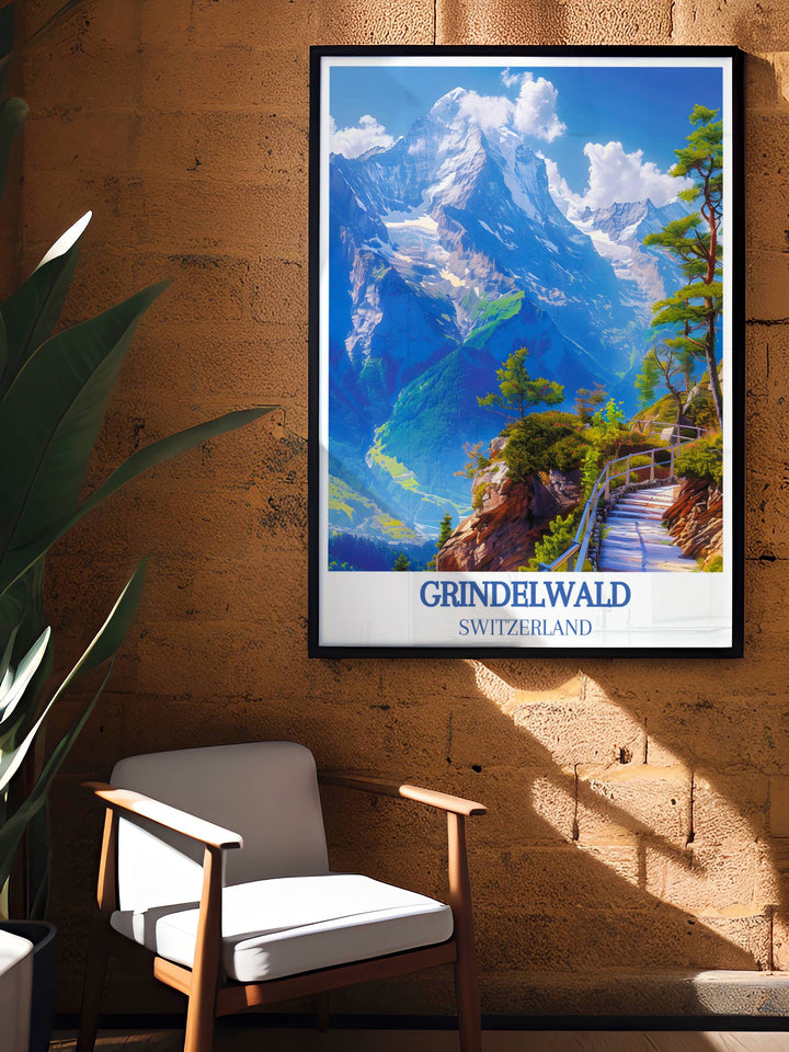 Spring flowers blooming in front of Eiger, adding a pop of color to a traditional Swiss landscape print.