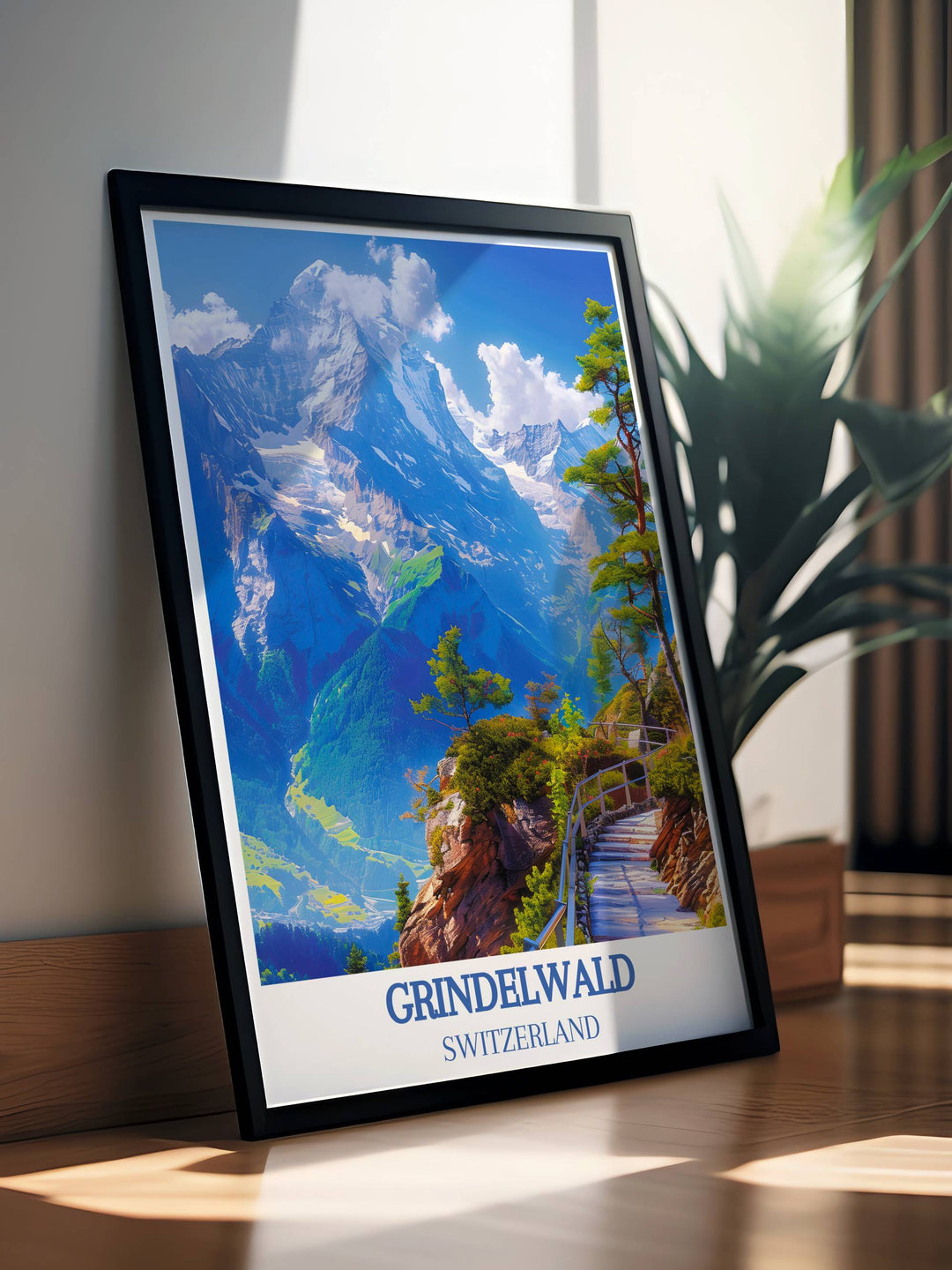 Sunset over Grindelwald with Eiger silhouetted against a fiery sky, depicted in a Swiss travel poster.