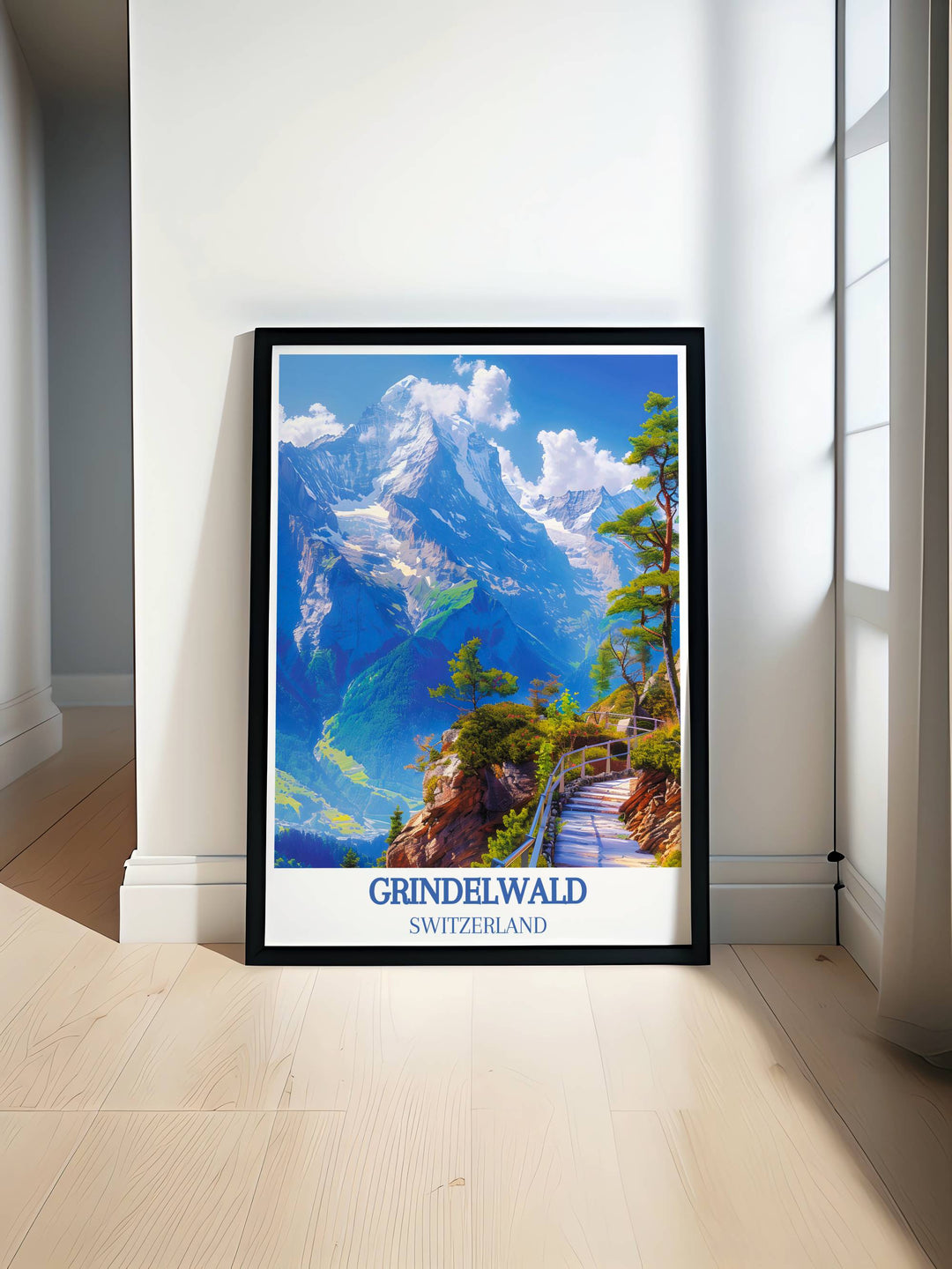 Eiger Mountain and Grindelwald village surrounded by lush greenery under clear skies, perfect for Swiss Alps print.