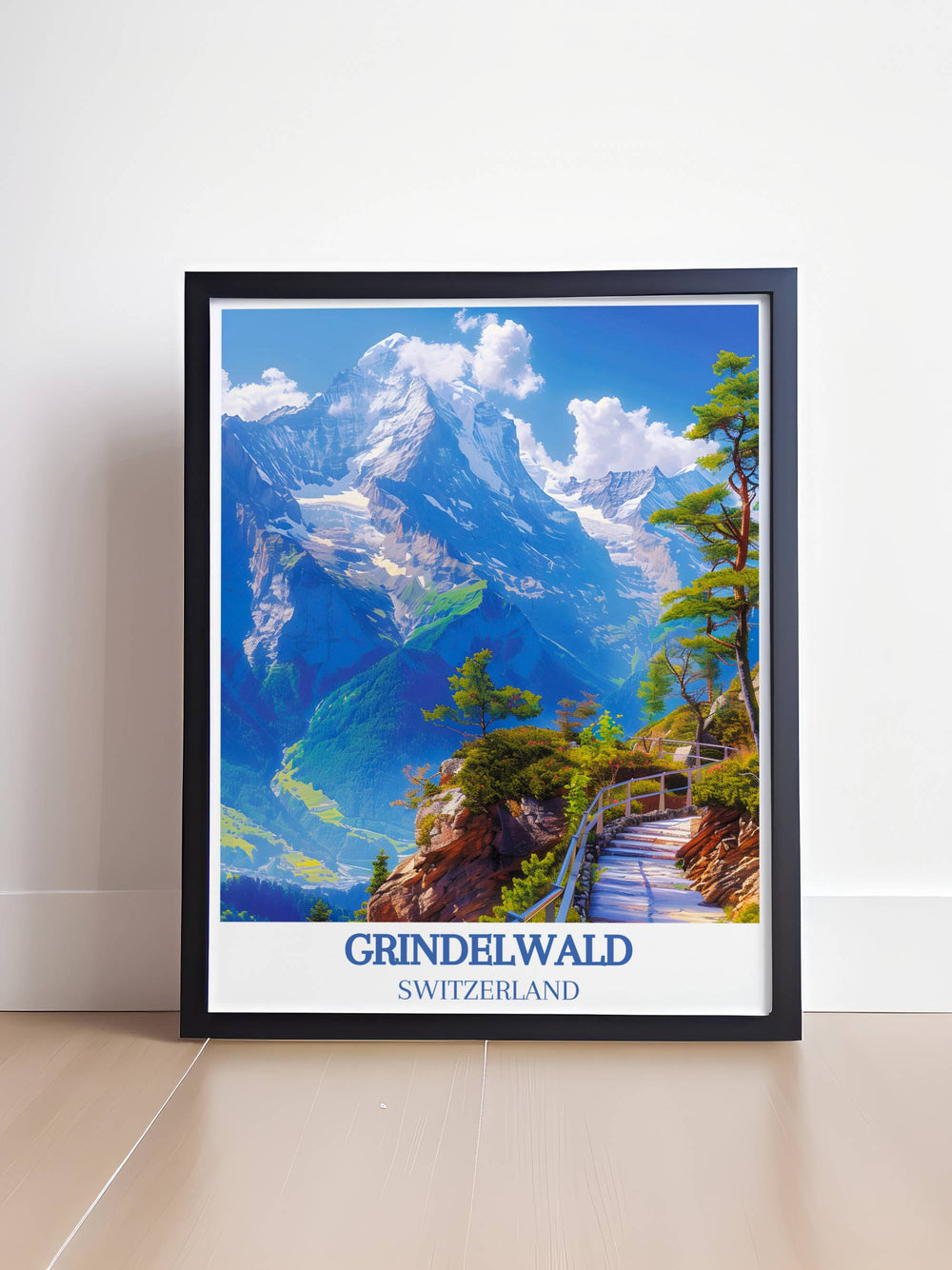 Aerial view of the First Cliff Walk at Eiger, showcasing the steep cliffs and daring trails in a framed art print.