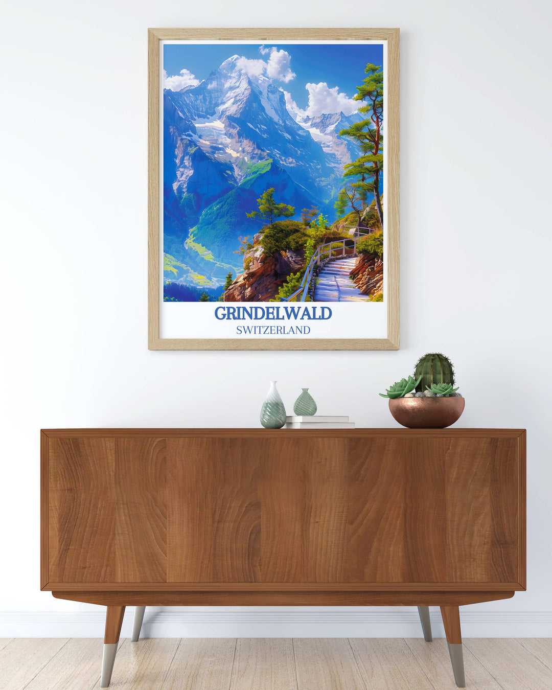 Winter panorama of Grindelwald with Eiger Mountain covered in snow, ideal for ski resort and travel posters.