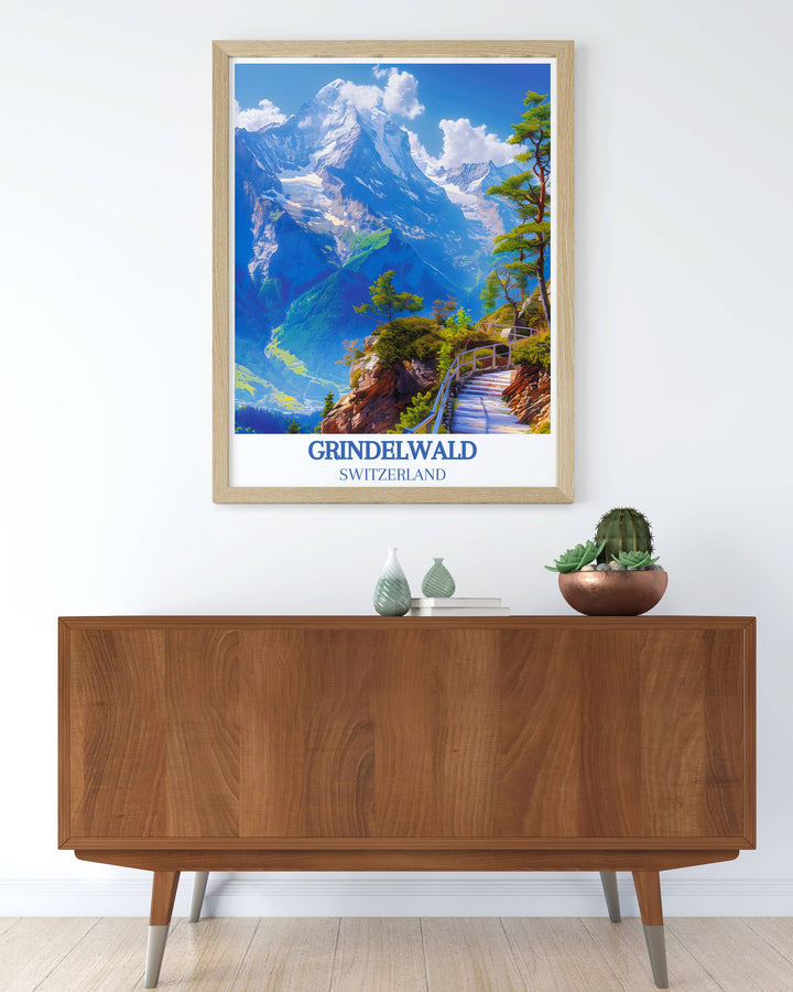 Winter panorama of Grindelwald with Eiger Mountain covered in snow, ideal for ski resort and travel posters.