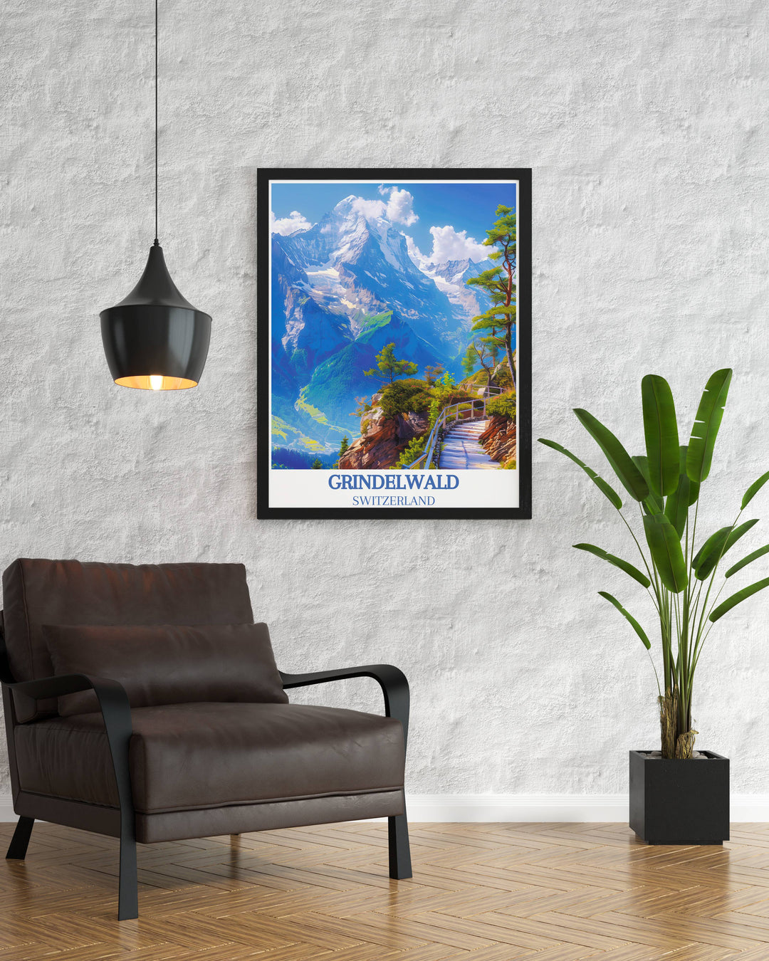 Hikers on the First Cliff Walk with Eiger in the background during summer, captured in a vibrant Swiss Alps print.