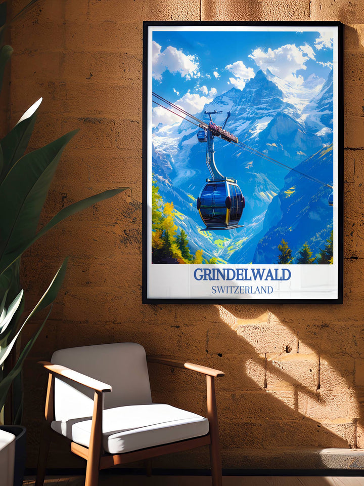 Early morning fog enveloping Grindelwald First gondola and Eiger mountain, a serene Swiss travel print.