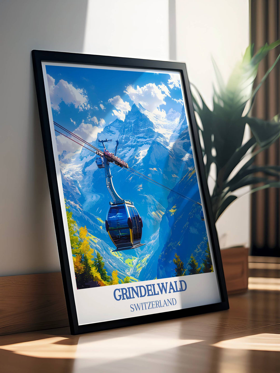 Springtime bloom with Grindelwald First gondola rising above flowering meadows, captured in a Swiss Alps print.