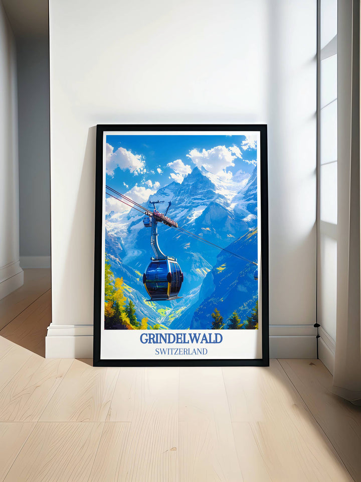 Grindelwald First gondola ascending with a backdrop of snow capped Eiger mountain and vibrant blue skies, perfect for Swiss Alps prints.