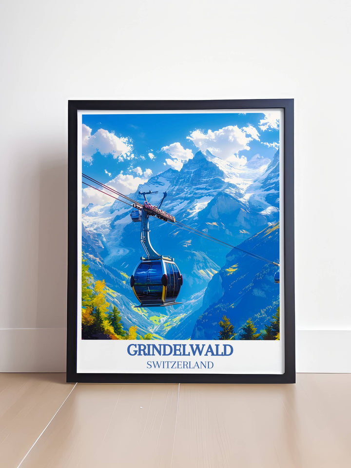 Aerial view of Grindelwald First gondola over lush green slopes and distant Alpine peaks, encapsulated in modern Switzerland wall décor.