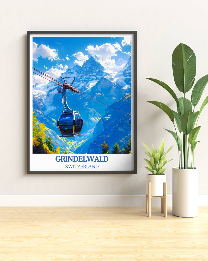 Detailed view of Grindelwald First gondola cable car against the panoramic Swiss Alps, enhancing any Switzerland poster collection.