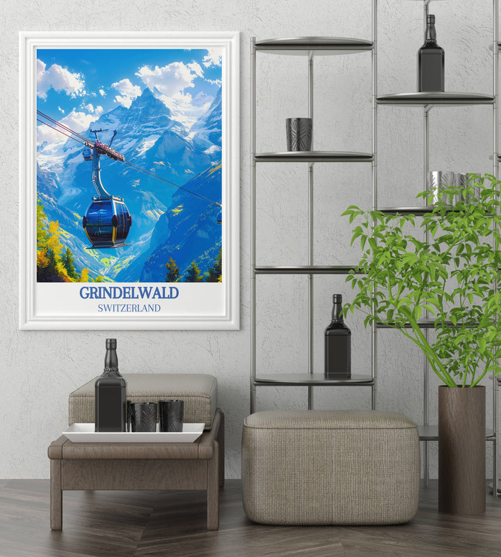 Grindelwald First gondola in motion, with hikers ready for Alpine adventures, ideal for a travel adventure poster.