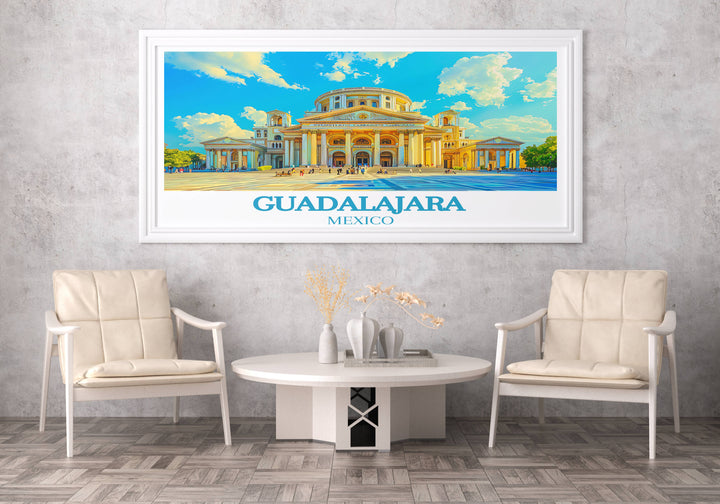 Elegant watercolor of Guadalajaras colonial architecture, highlighting intricate details and soft hues that capture the historic charm of the city.