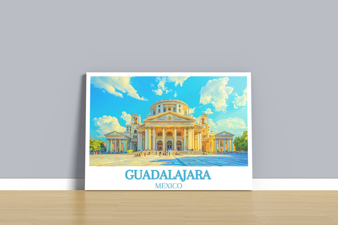 Elegant watercolor of Guadalajaras colonial architecture, highlighting intricate details and soft hues that capture the historic charm of the city.