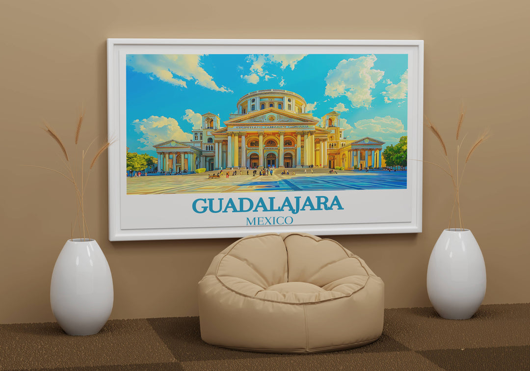 Elegant watercolor of Guadalajaras colonial architecture, highlighting intricate details and soft hues that capture the historic charm of the city.