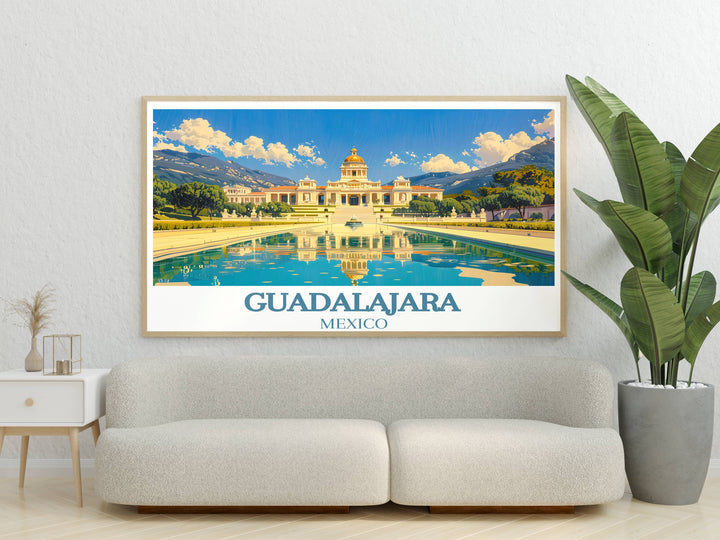North America art print with a focus on Guadalajaras urban landscape, highlighting the city's unique charm and cultural heritage, great for collectors.