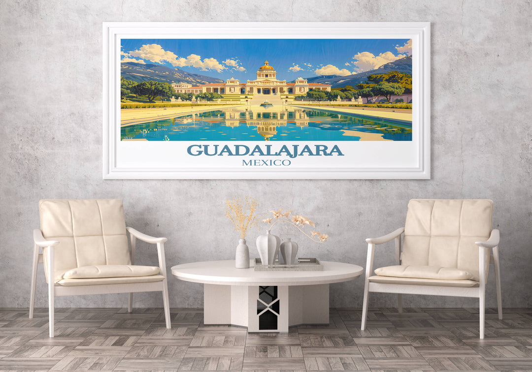Housewarming gifts featuring a serene Guadalajara park scene, this art print brings the tranquility of Mexicos natural beauty into any living space.