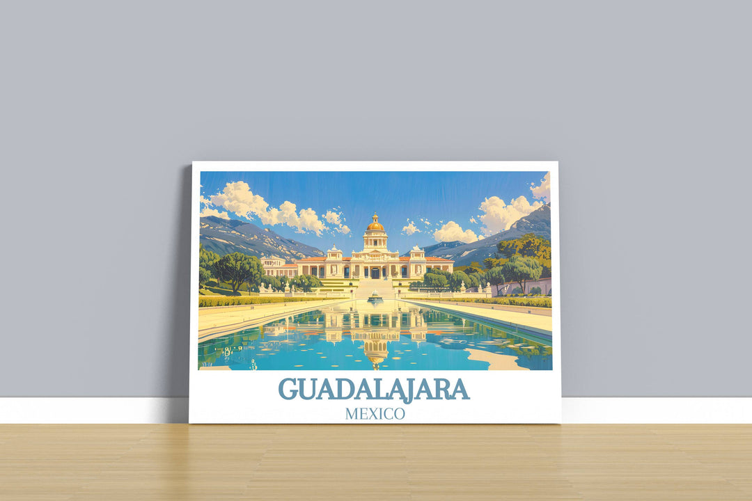 Artistic rendering of a Guadalajara sunset over the historic city center, a mesmerizing Mexico art print that captures the citys romantic ambiance.