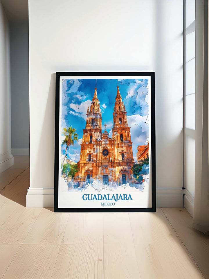 Artistic rendition of Guadalajara Cathedral with its iconic spires against a vibrant sunset, capturing the architectural majesty of this historic landmark