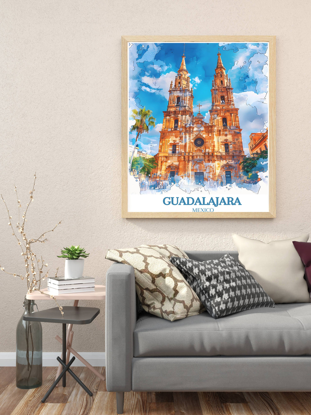 Elegant art print capturing the essence of Guadalajaras street life, from historic architecture to the vibrant flora that lines its avenues