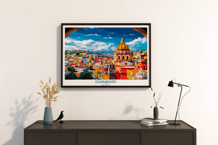 Guanajuato print capturing the essence of a traditional fiesta, with colorful balloons and papel picado, bringing Mexican celebrations to life.