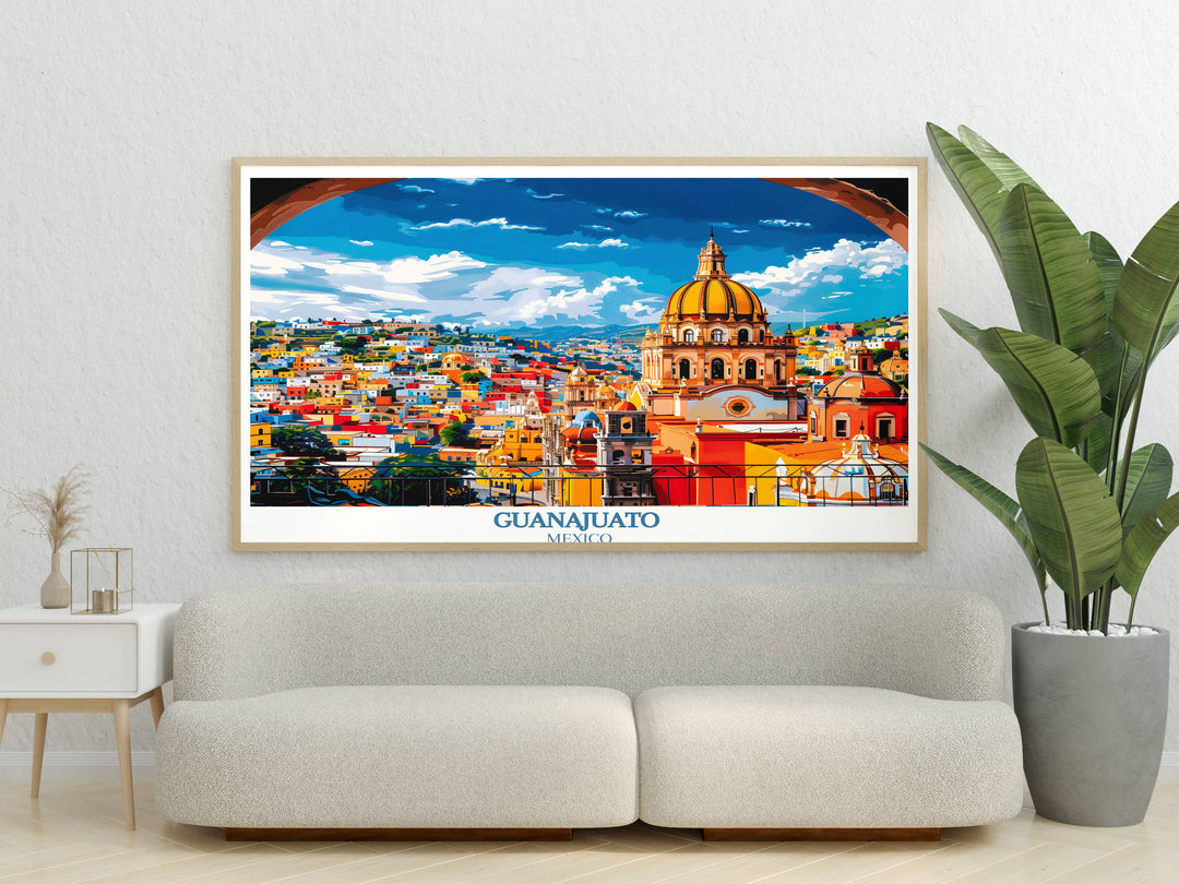 Atmospheric Guanajuato poster of a lively street market, filled with local artisans and vibrant crafts, embodying the spirit of Mexican culture.