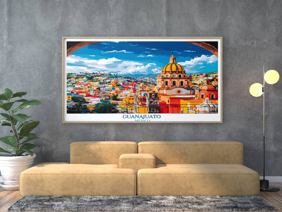 Elegant art print featuring the grand architecture of Juarez Theater in Guanajuato, highlighting its neoclassical design and cultural significance.