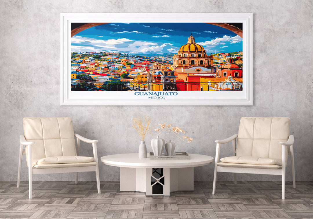 Dynamic Guanajuato artwork portraying the citys iconic university steps, bustling with students and visitors against a backdrop of historic buildings.