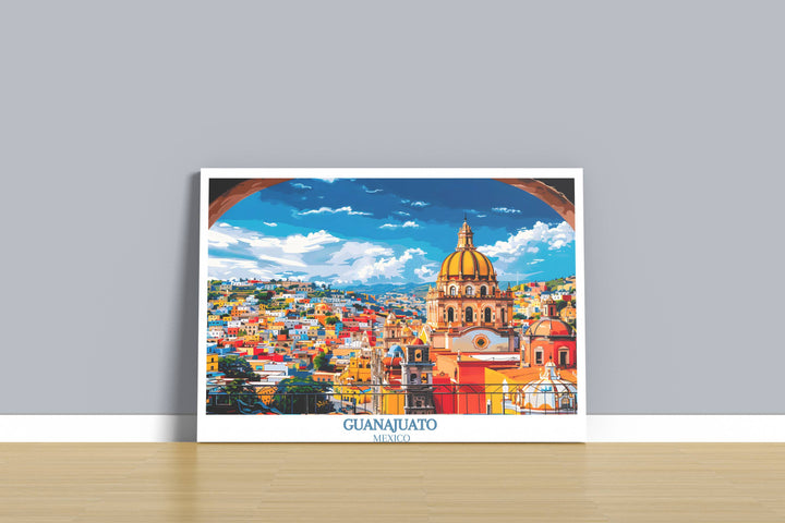 Panoramic view in a Guanajuato poster, offering a sweeping view of the citys terracotta rooftops and green hills, showcasing its natural beauty.