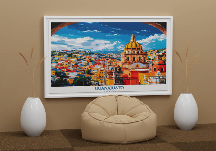 Guanajuato art print focusing on a peaceful plaza in the heart of the city, with people enjoying the shade of ancient trees, reflecting community life.