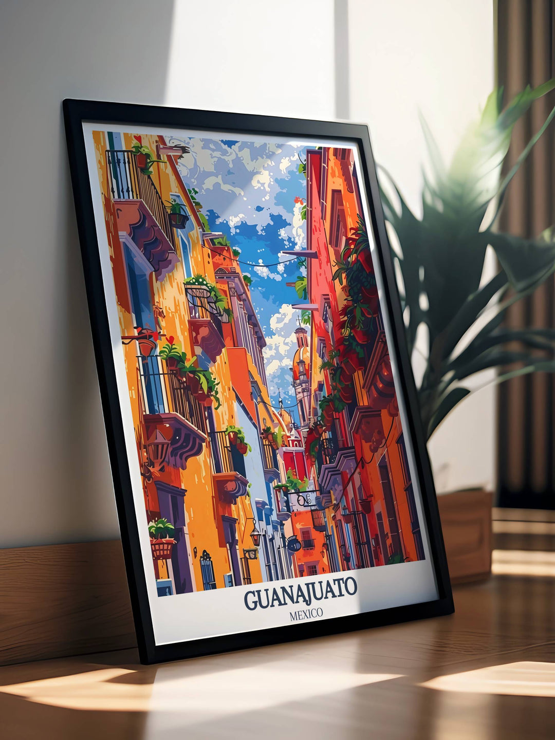 Guanajuato art print highlighting the citys lush gardens and public spaces, a peaceful retreat within the vibrant urban environment.