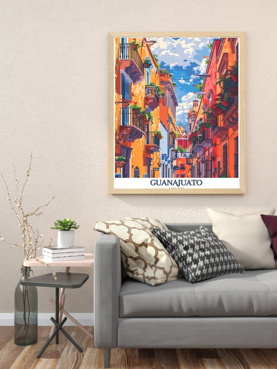 Artistic rendition of Guanajuato at night, with lights illuminating the cobblestone streets and historic buildings, inviting exploration.