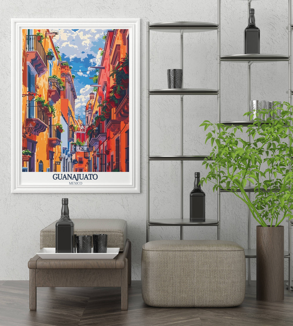 Guanajuato print capturing the essence of local festivals, with traditional dancers and musicians, celebrating Mexican culture and traditions.