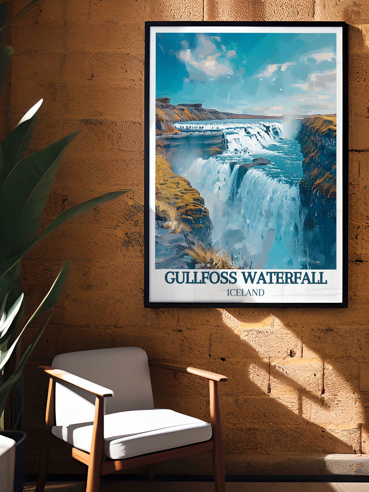 Tourists viewing Gullfoss Waterfall from the observation deck, captured in a bucket list print highlighting the Icelandic experience.