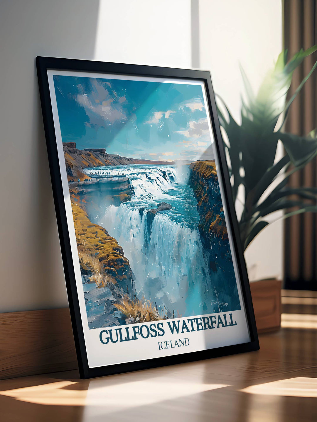 Sunset over Gullfoss Waterfall creating a golden silhouette, beautifully depicted in a vintage travel print.