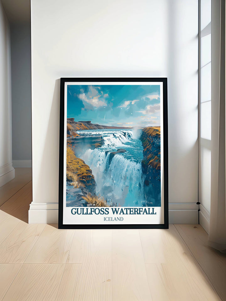 Gullfoss Waterfall rushing down the Icelandic canyon surrounded by lush greenery, perfect for a vibrant home decor piece.