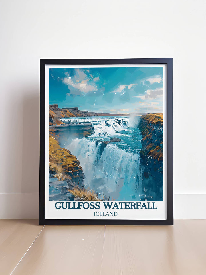 Aerial view of Gullfoss Waterfall showing the full extent of its cascades, ideal for an Iceland travel print.