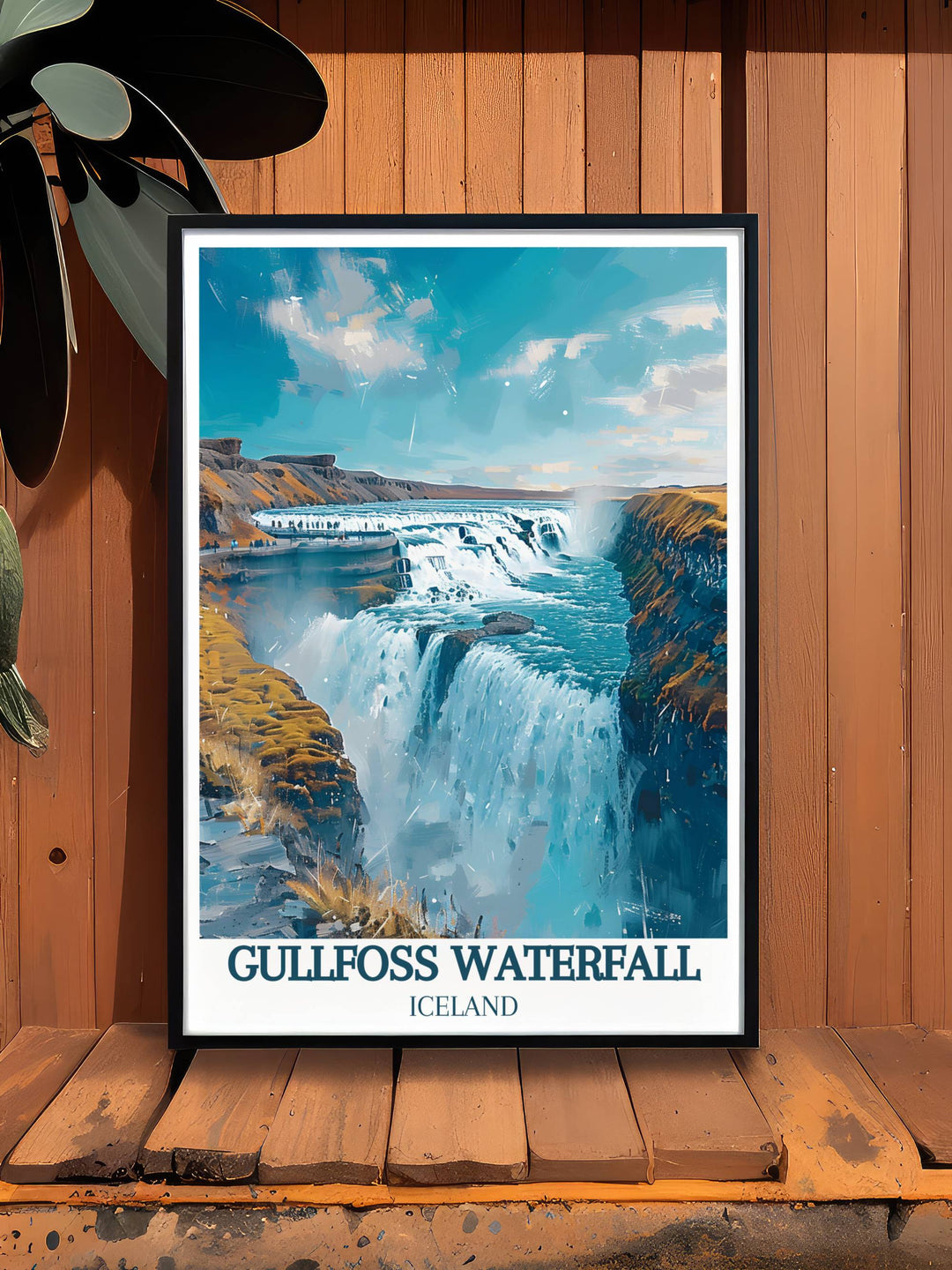 Early morning mist rising from Gullfoss Waterfall, adding a mystical quality to a national park poster.