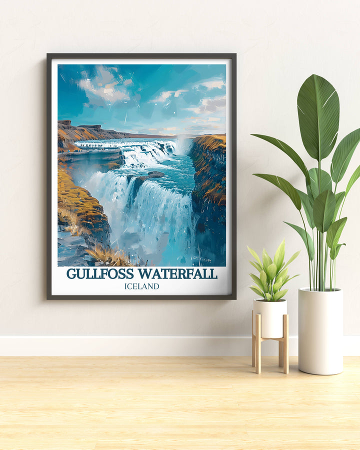 Close up of Gullfoss Waterfalls powerful waters plunging into the river below, captured in a stunning travel poster.