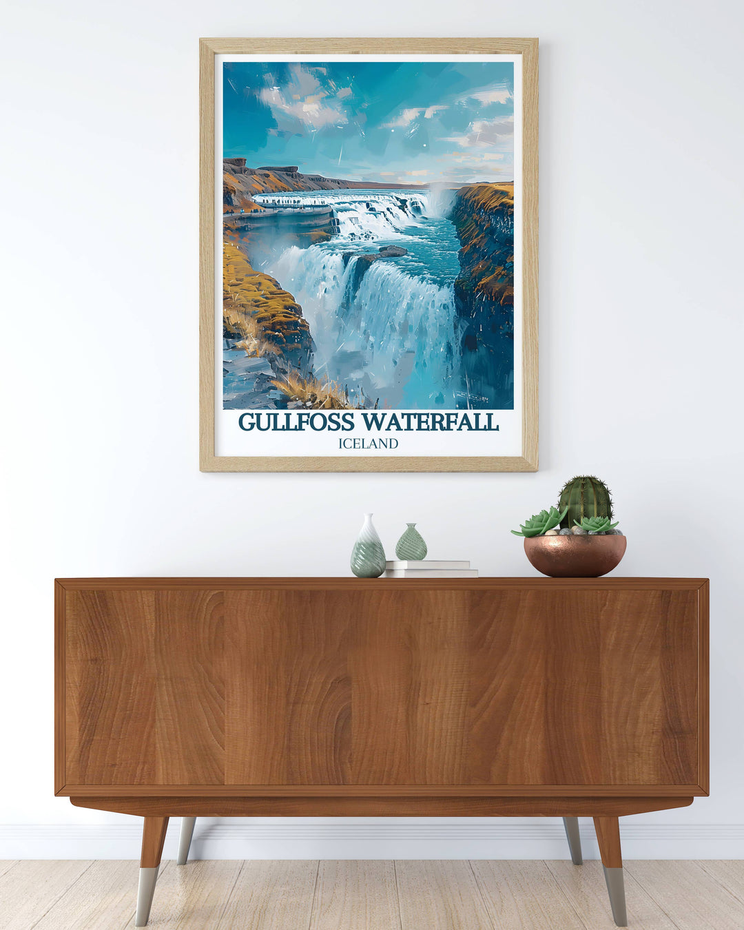 Gullfoss Waterfall frozen in winter, its icy form captured in a breathtaking framed print of Iceland.