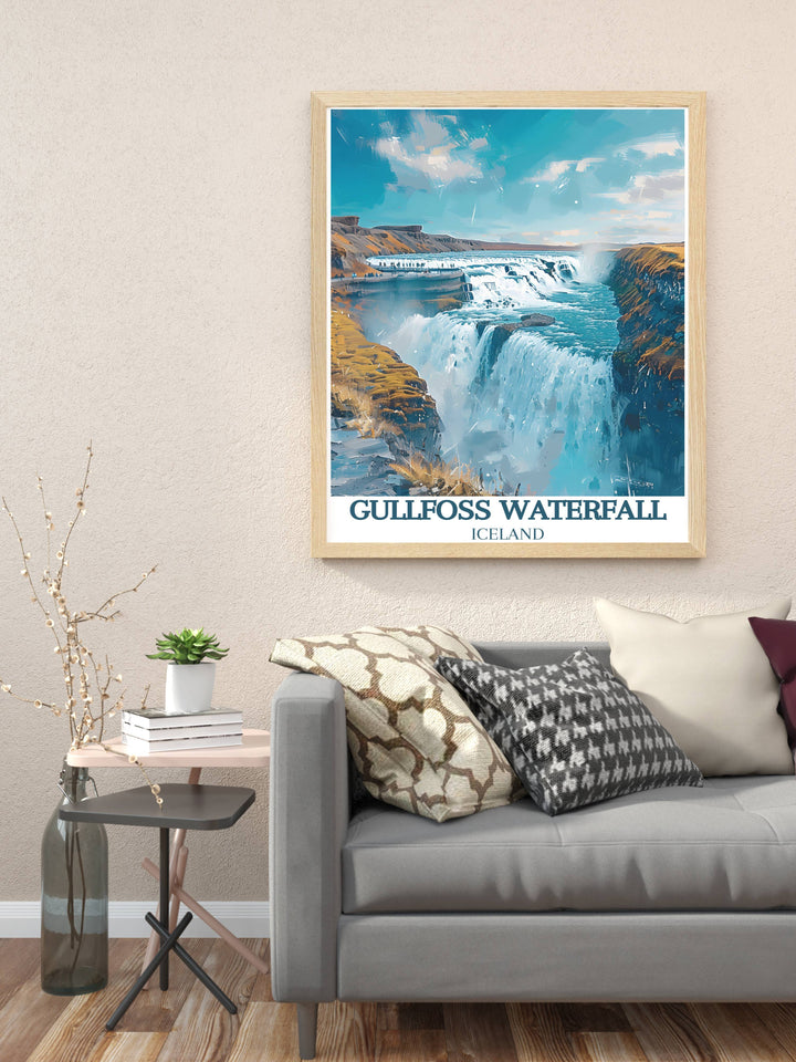 Gullfoss Waterfall under the midnight sun, illuminating the mist and rocky landscapes in an Icelandic poster.