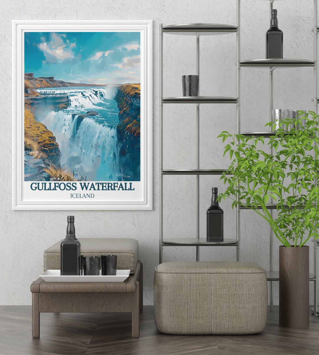Panoramic view of Gullfoss Waterfall during autumn, with golden foliage enhancing the natural beauty in a wall art piece.