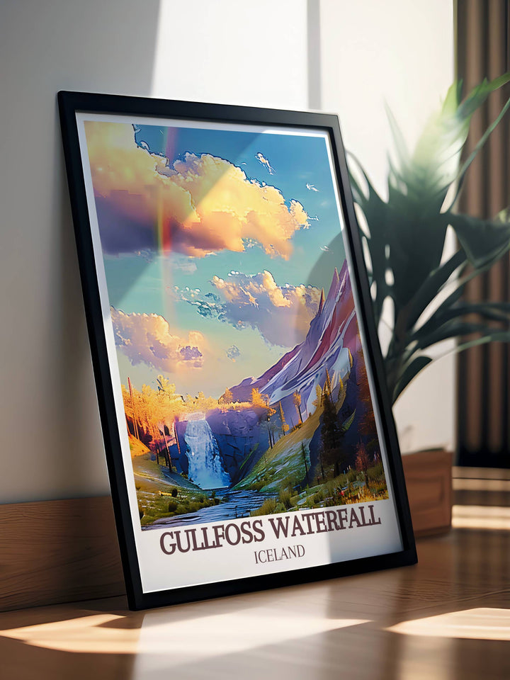 Artistic representation of Gullfoss Waterfall with a rainbow overlay, ideal for collectors of vintage travel prints