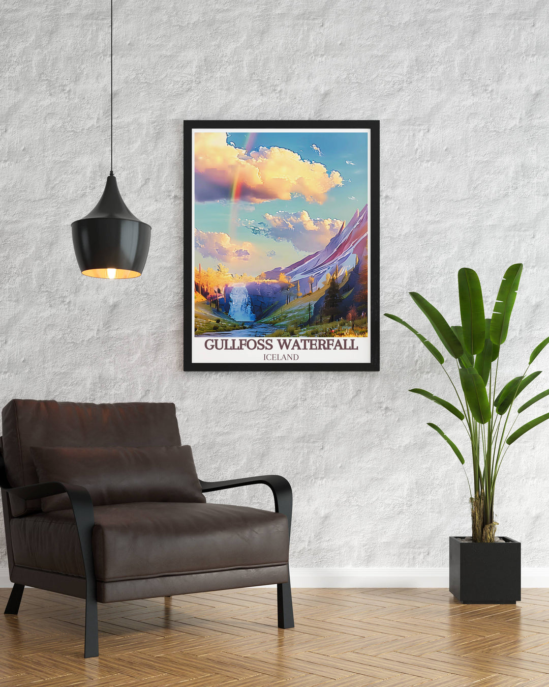 Gullfoss Waterfall and the rainbow seen from a unique angle, emphasizing the scale and beauty of the falls in an Icelandic landscape poster