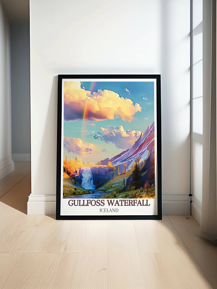 Panoramic view of Rainbow Over Gullfoss with the waterfall cascading powerfully in the background, a stunning addition to any home decor