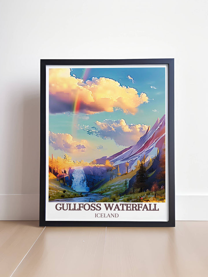 Vibrant colors of the rainbow arching over the icy waters of Gullfoss, captured in a high quality Iceland travel print