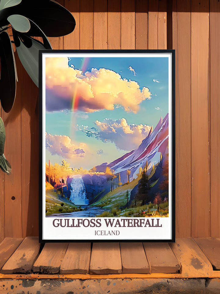 Early morning view of Gullfoss Waterfall with a clear rainbow spanning the gorge, captured in a national park poster