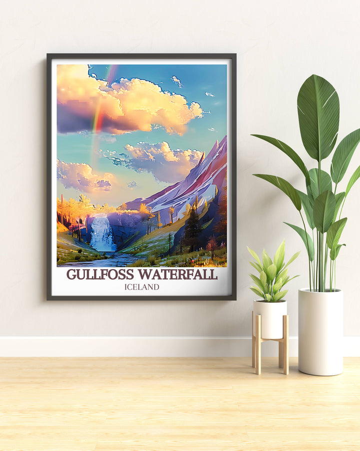 Close up of the misty air around Gullfoss Waterfall with a vivid rainbow adding color to the Icelandic landscape in a wall art print