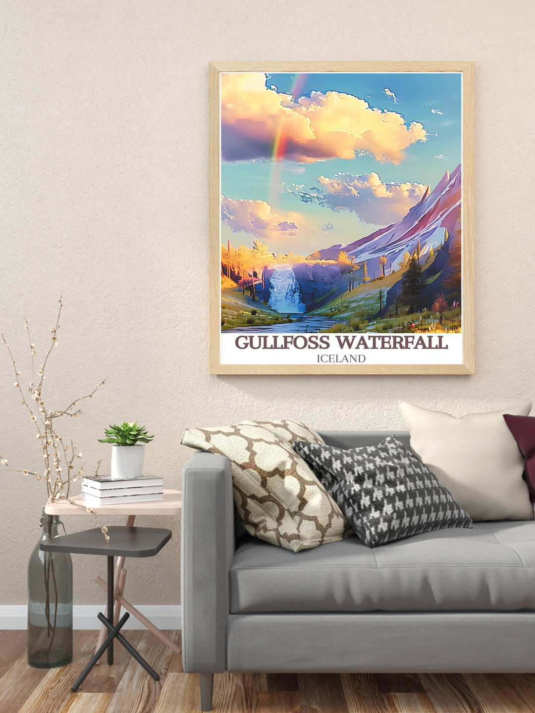 The dynamic interaction of light and water at Gullfoss Waterfall creating a rainbow, showcased in a framed travel art piece