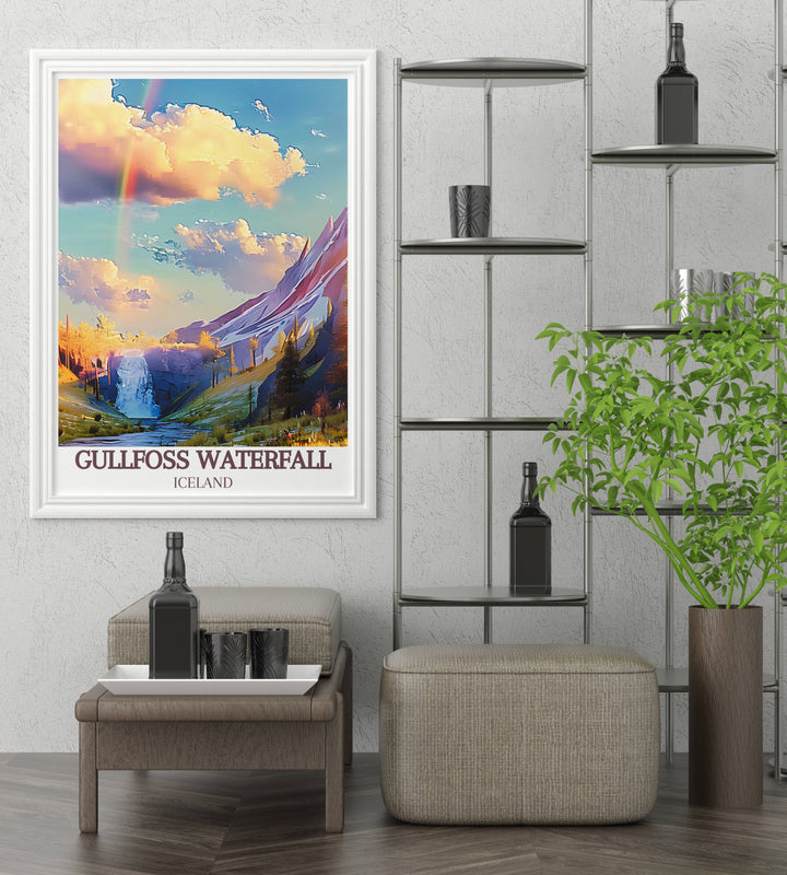 Rainbow Over Gullfoss during summer, with lush greenery around, illustrated in a detailed Iceland souvenir print