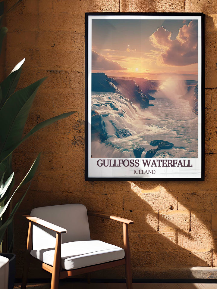 Majestic winter scene at Gullfoss Waterfall with snow-covered banks and frozen waters, in a framed Iceland souvenir print