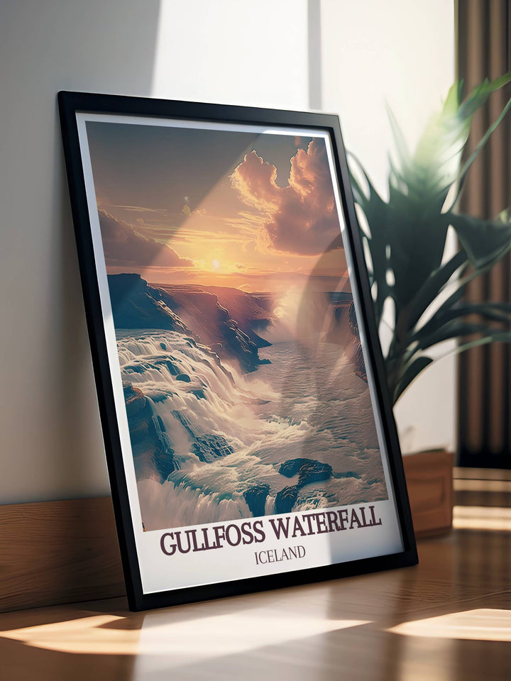 Dynamic and dramatic depiction of Gullfoss Waterfall's drop into the canyon below, captured in a vintage travel print
